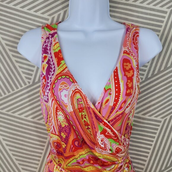 Chaps Faux Wrap Dress Size Small Party Stretch Ruched Waist Ralph Lauren Pink - Picture 3 of 7